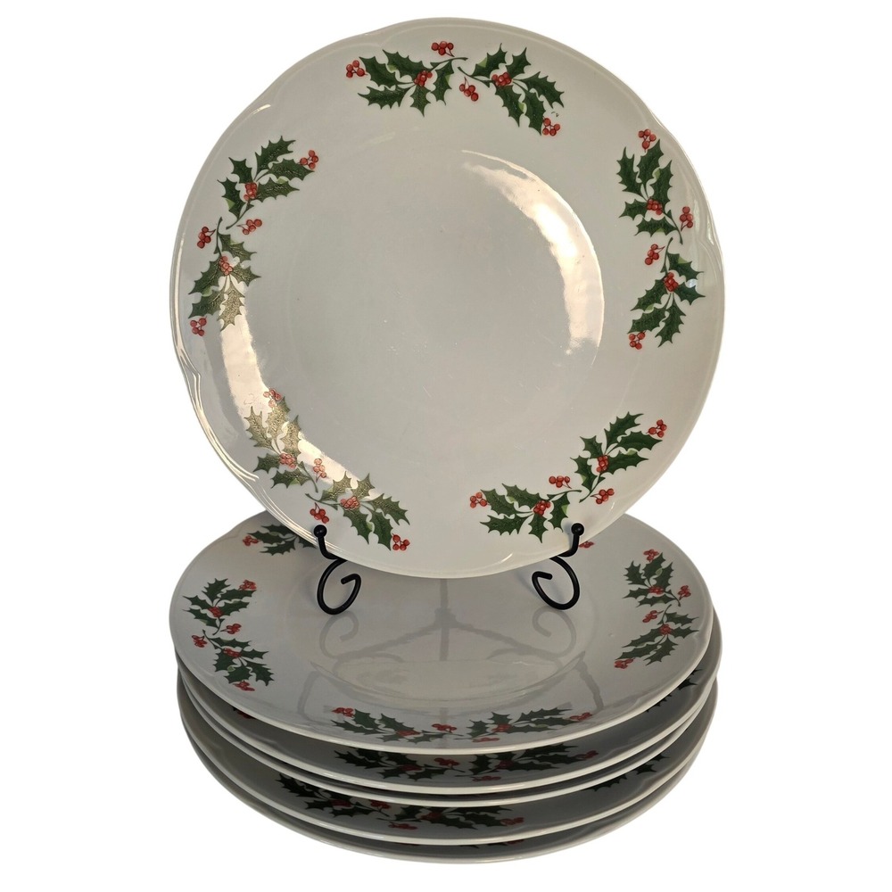 VTG Apulum Christmas Holiday Pattern Holly & Berries Porcelain Dinner Plates (6)